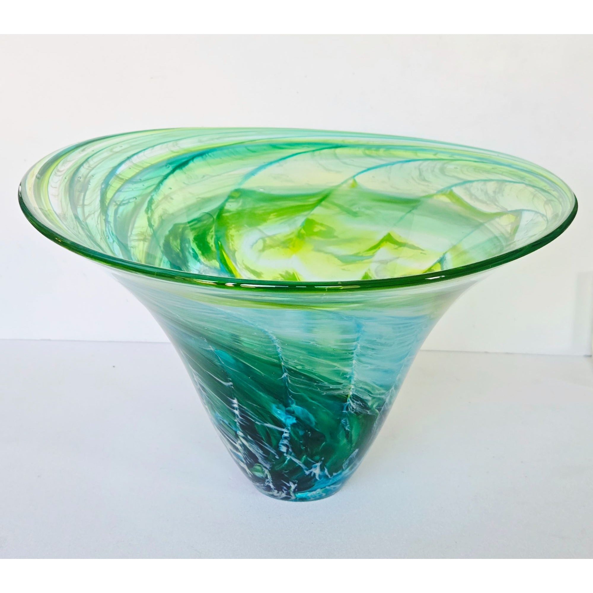 Richard Glass Large Ocean Bowl Hand-Blown Green & Blue Swirl Art Glass Bowl 11"