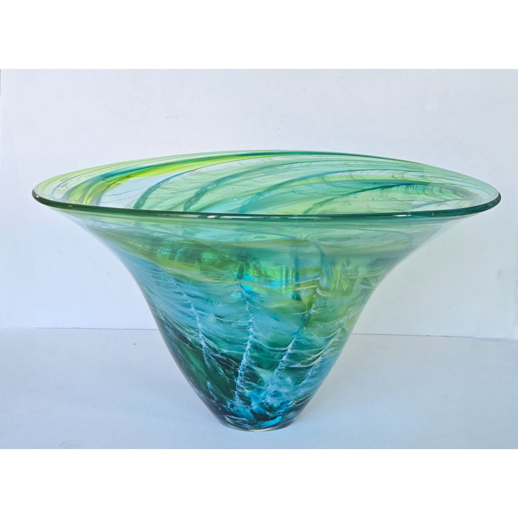 Richard Glass Large Ocean Bowl Hand-Blown Green & Blue Swirl Art Glass Bowl 11"