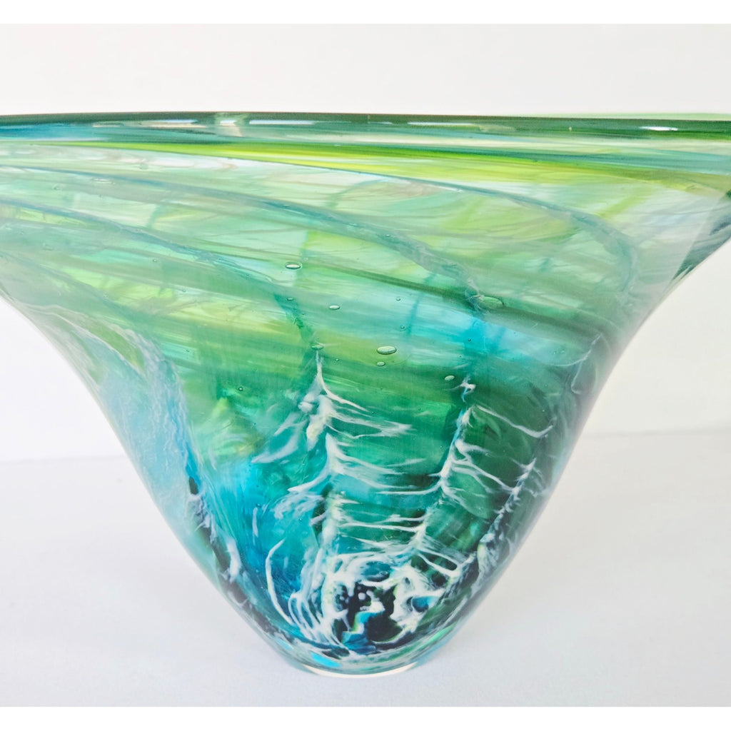 Richard Glass Large Ocean Bowl Hand-Blown Green & Blue Swirl Art Glass Bowl 11"