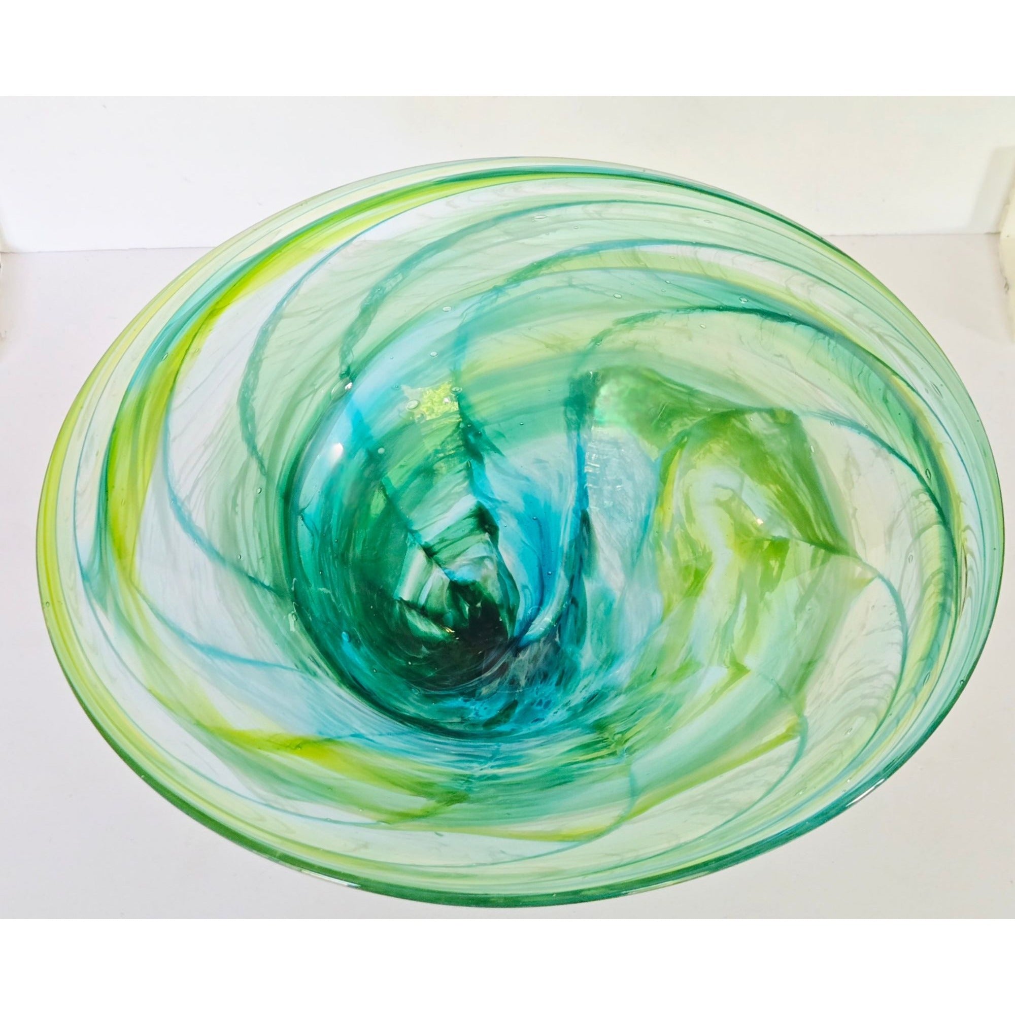 Richard Glass Large Ocean Bowl Hand-Blown Green & Blue Swirl Art Glass Bowl 11"