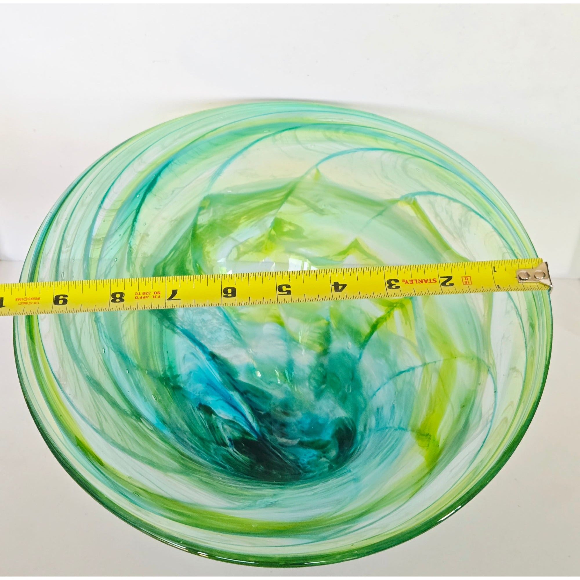 Richard Glass Large Ocean Bowl Hand-Blown Green & Blue Swirl Art Glass Bowl 11"