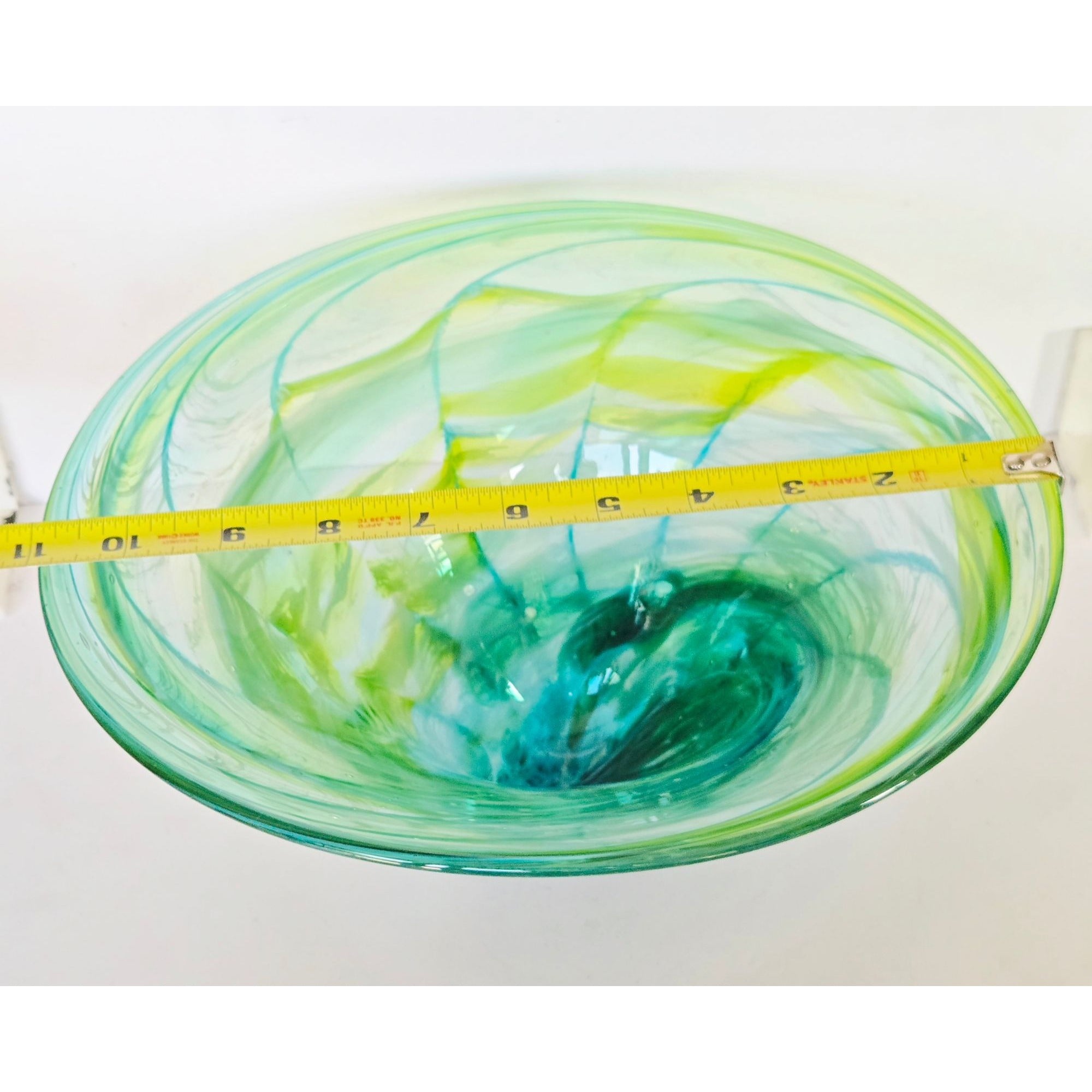 Richard Glass Large Ocean Bowl Hand-Blown Green & Blue Swirl Art Glass Bowl 11"