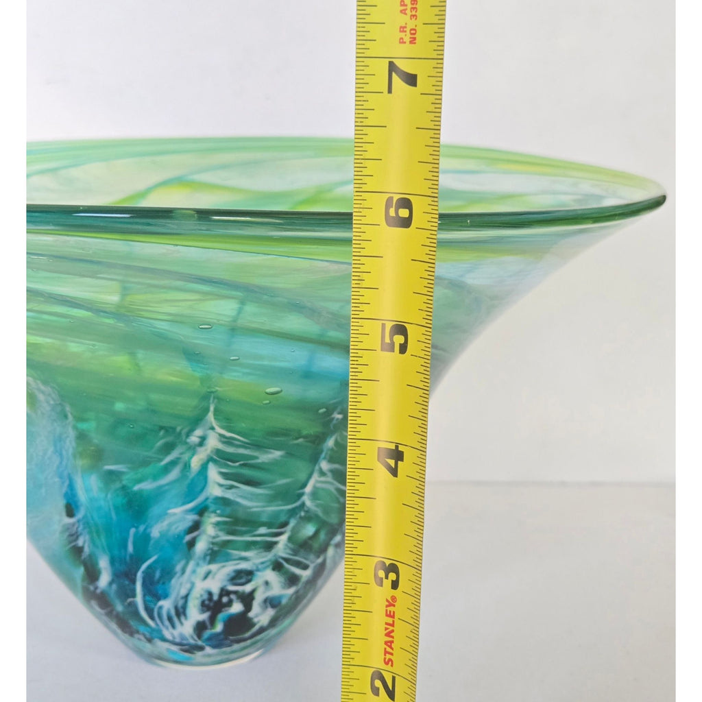 Richard Glass Large Ocean Bowl Hand-Blown Green & Blue Swirl Art Glass Bowl 11"