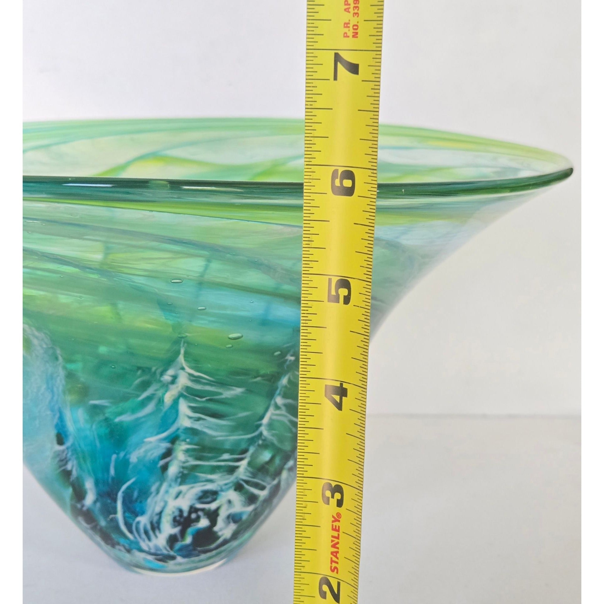 Richard Glass Large Ocean Bowl Hand-Blown Green & Blue Swirl Art Glass Bowl 11"