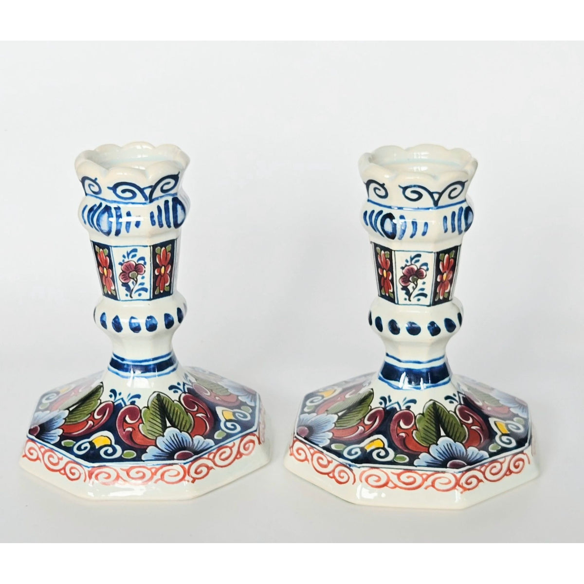 Hand-Painted Delft Holland Candlestick Holders Octagonal Floral Design 5" Tall