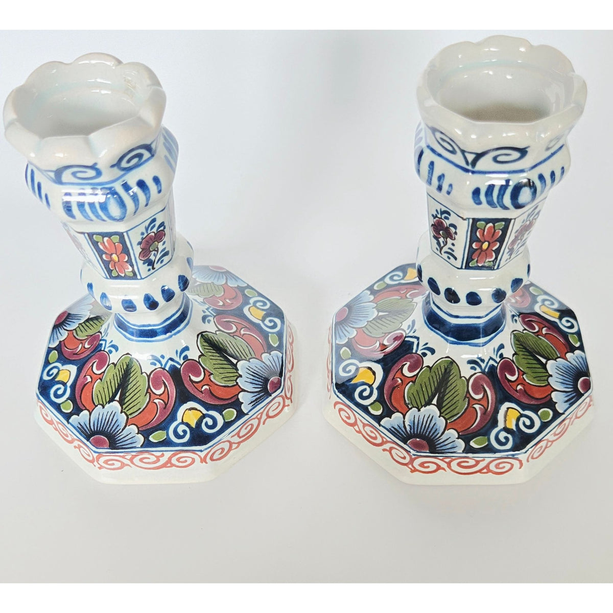 Hand-Painted Delft Holland Candlestick Holders Octagonal Floral Design 5" Tall