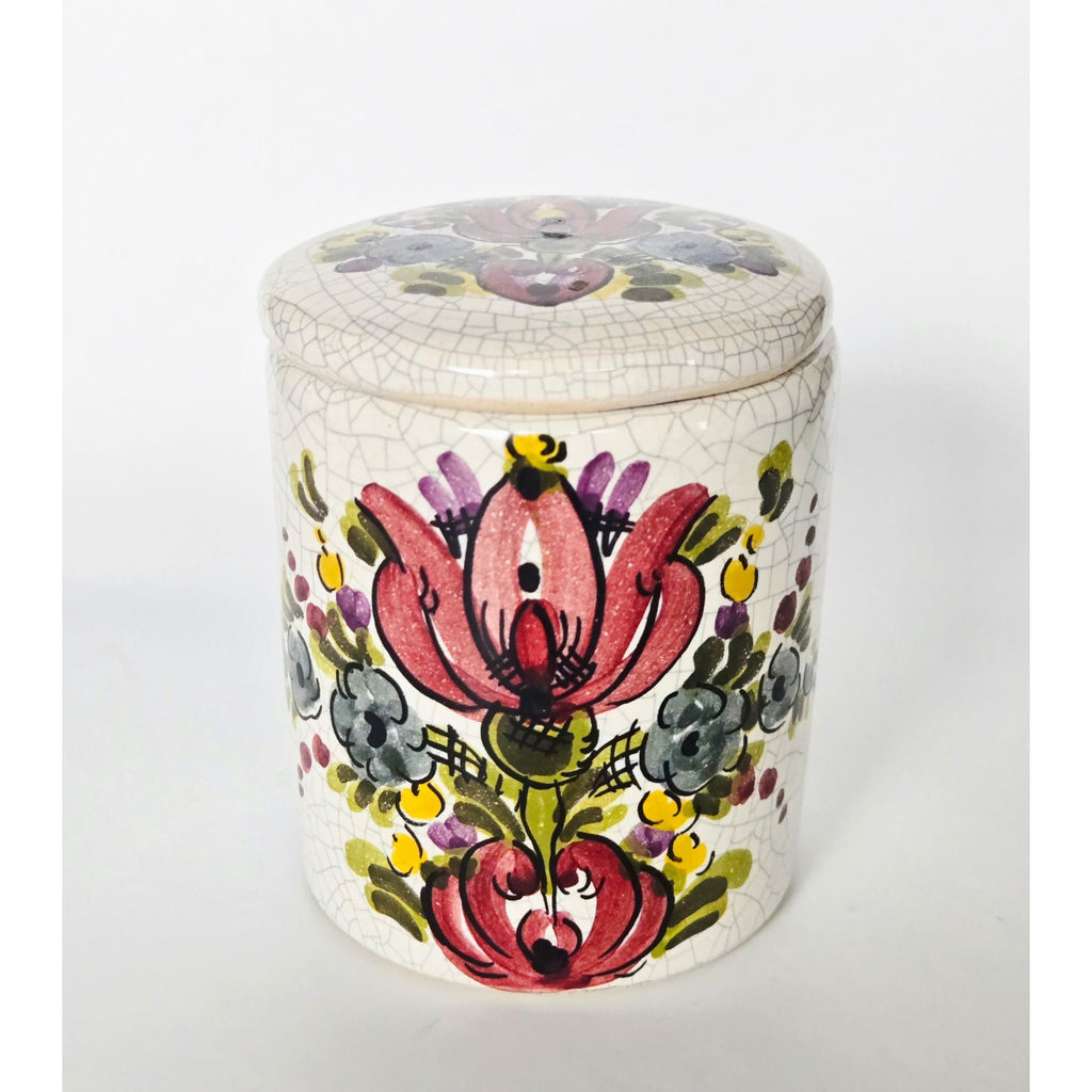 Hand-Painted Floral Jar With Lid – Cracked Glaze Vintage Style Signed Trinket Box