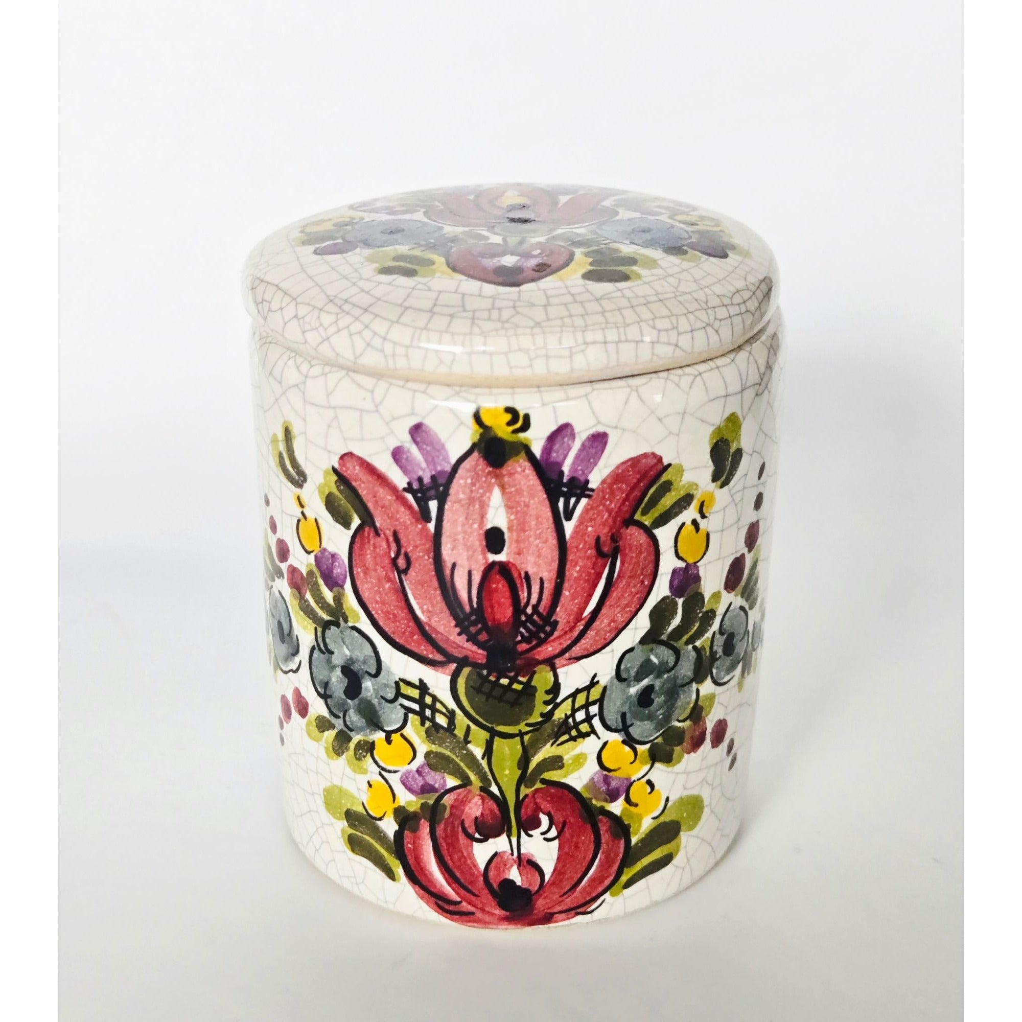Hand-Painted Floral Jar With Lid – Cracked Glaze Vintage Style Signed Trinket Box