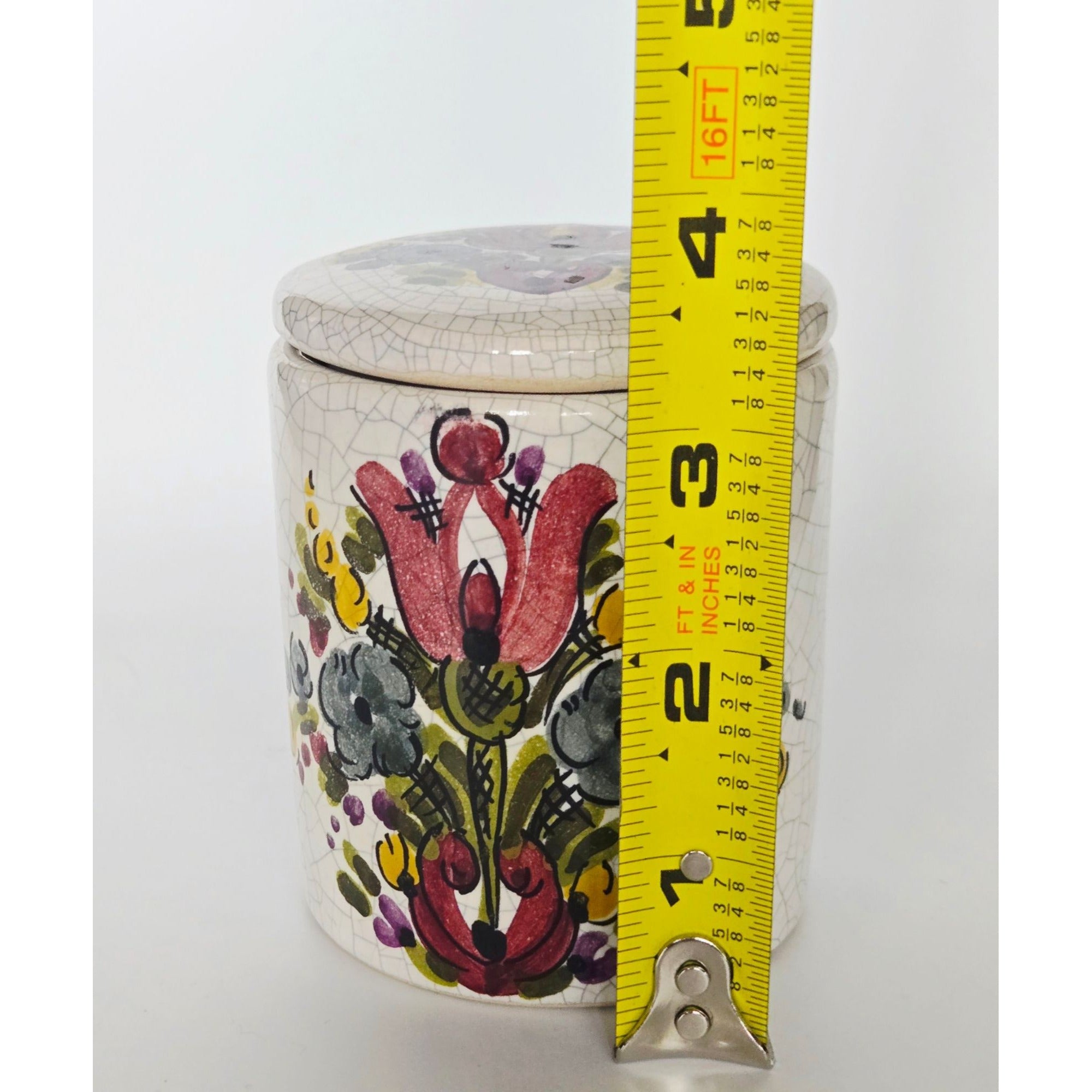 Hand-Painted Floral Jar With Lid – Cracked Glaze Vintage Style Signed Trinket Box
