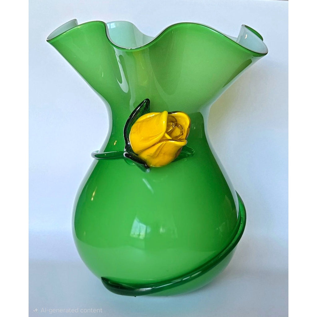 Large Hand-Blown Green Glass Vase With Yellow Flower Rose Accent & Ruffled Rim