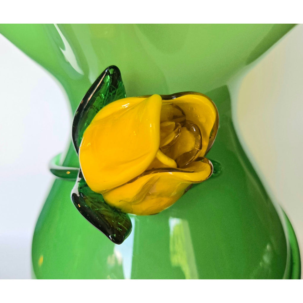 Large Hand-Blown Green Glass Vase With Yellow Flower Rose Accent & Ruffled Rim