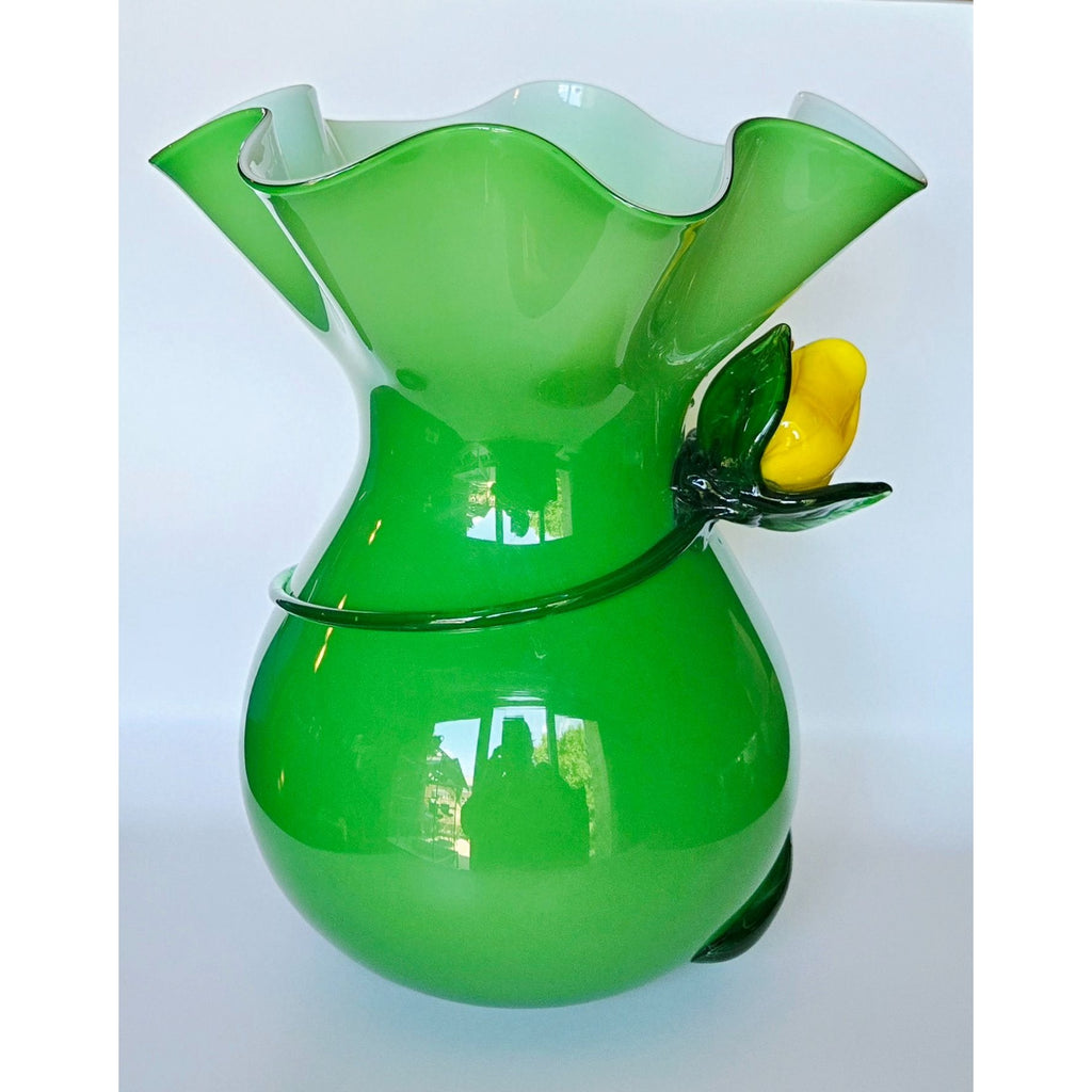 Large Hand-Blown Green Glass Vase With Yellow Flower Rose Accent & Ruffled Rim