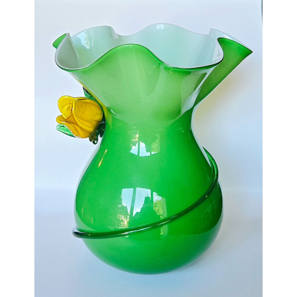 Large Hand-Blown Green Glass Vase With Yellow Flower Rose Accent & Ruffled Rim