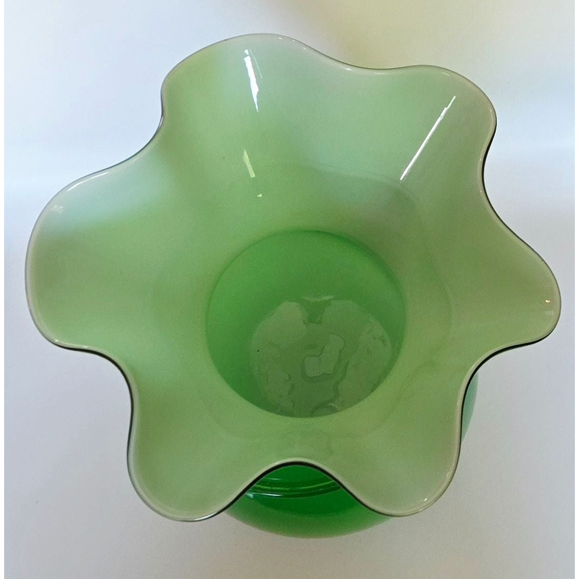 Large Hand-Blown Green Glass Vase With Yellow Flower Rose Accent & Ruffled Rim