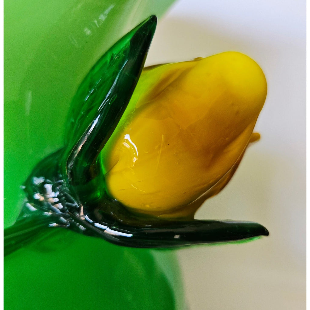 Large Hand-Blown Green Glass Vase With Yellow Flower Rose Accent & Ruffled Rim