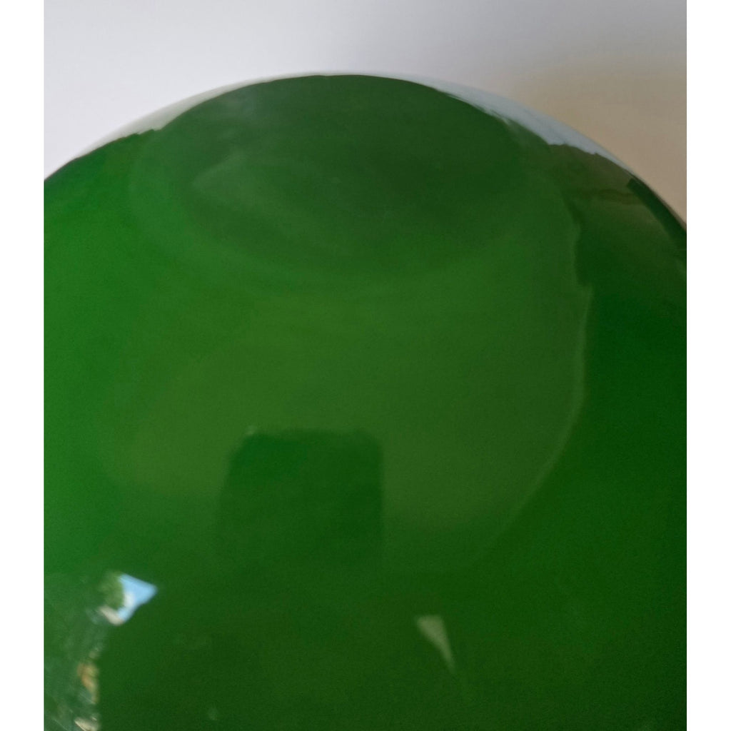 Large Hand-Blown Green Glass Vase With Yellow Flower Rose Accent & Ruffled Rim