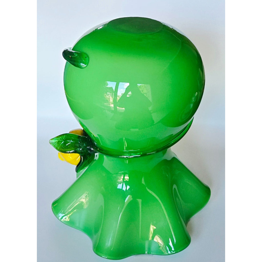 Large Hand-Blown Green Glass Vase With Yellow Flower Rose Accent & Ruffled Rim