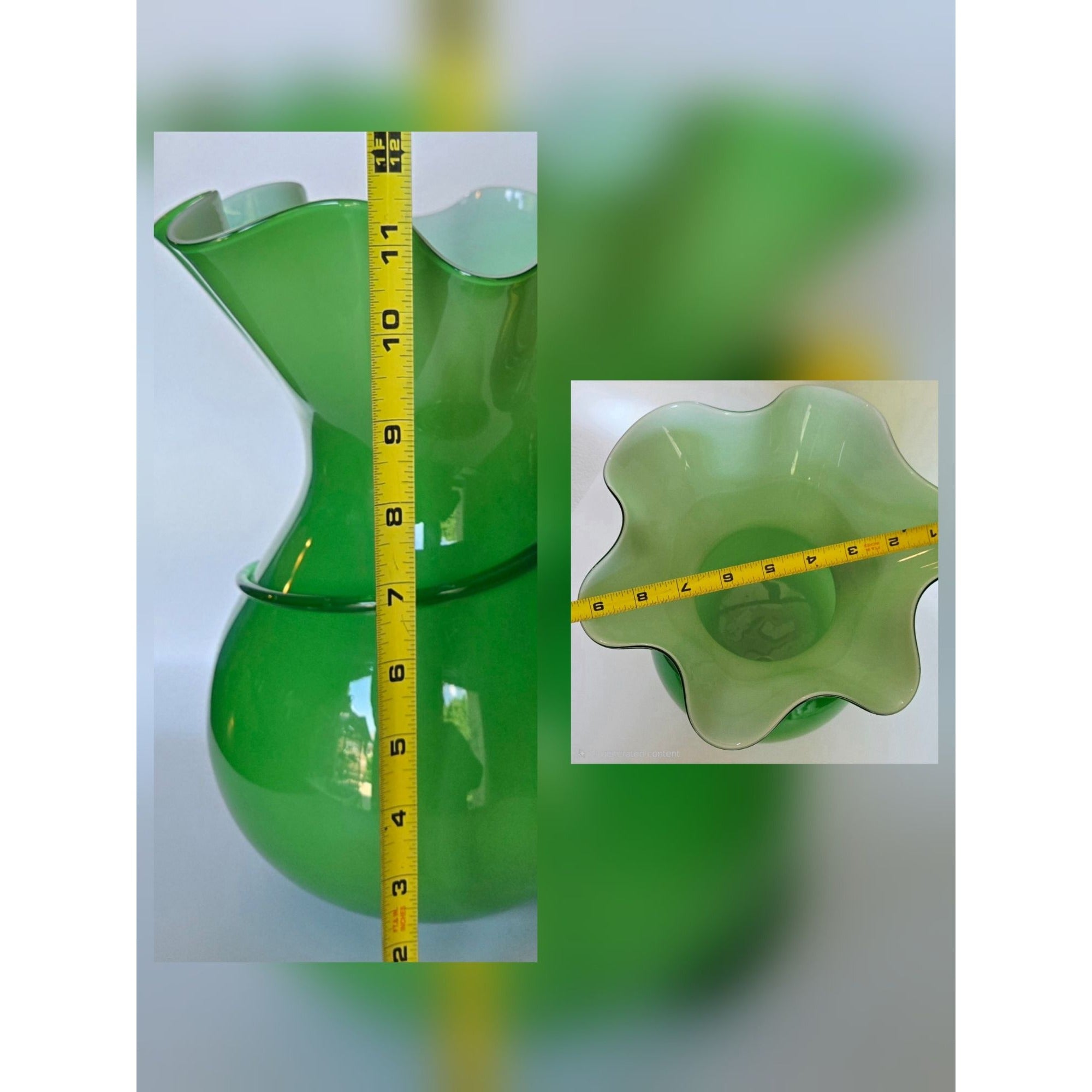 Large Hand-Blown Green Glass Vase With Yellow Flower Rose Accent & Ruffled Rim