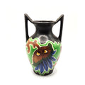 Hand-Painted Vintage Czech Black Vase, Double Handles & Green Florals