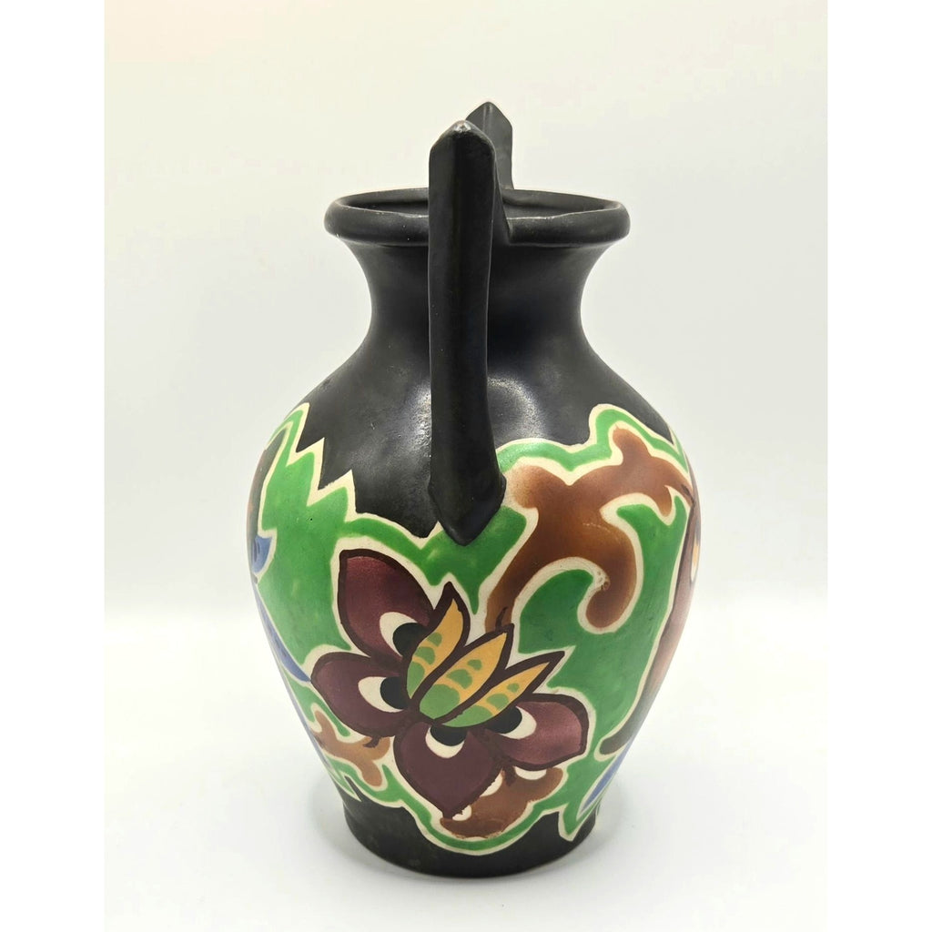 Hand-Painted Vintage Czech Black Vase, Double Handles & Green Florals