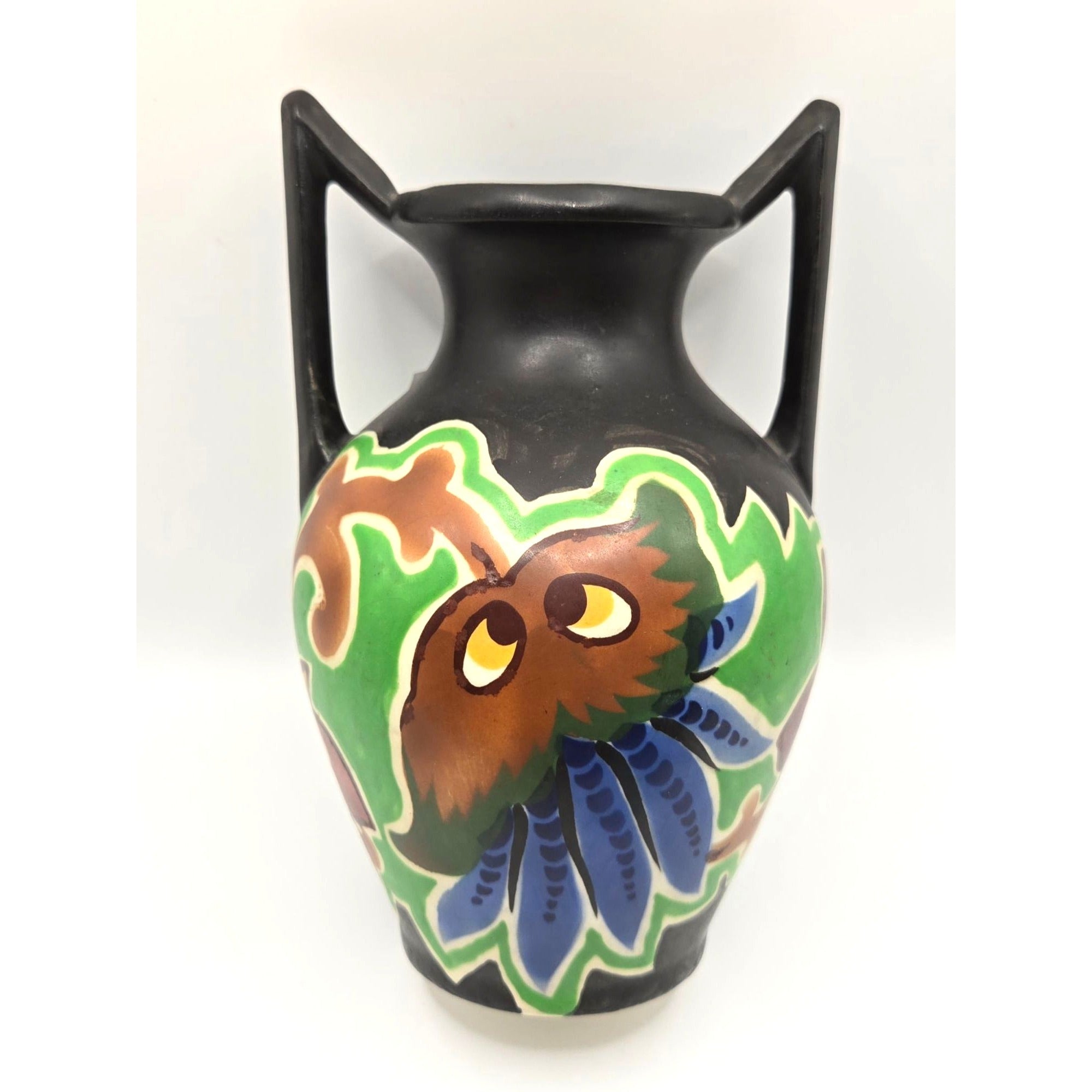 Hand-Painted Vintage Czech Black Vase, Double Handles & Green Florals