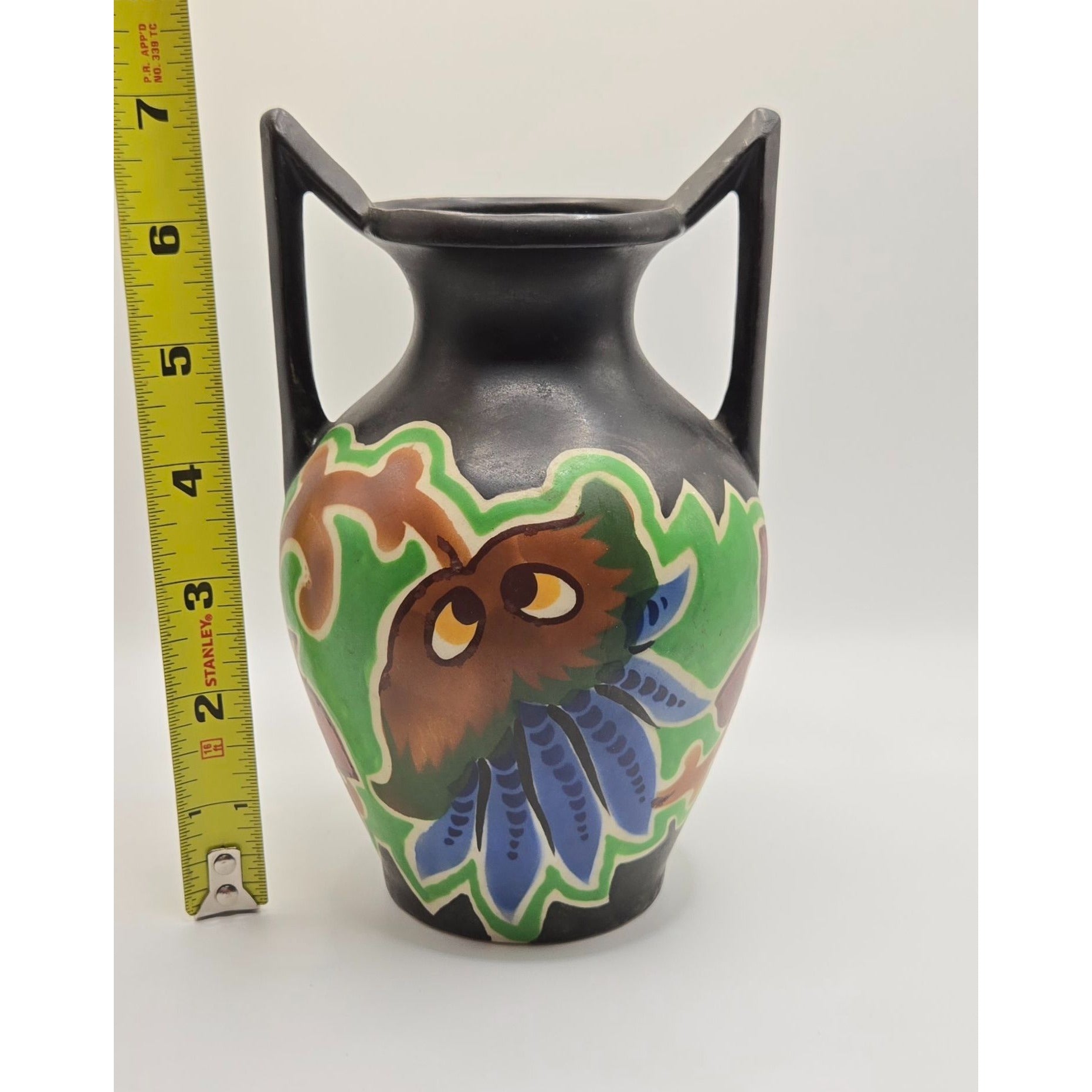 Hand-Painted Vintage Czech Black Vase, Double Handles & Green Florals