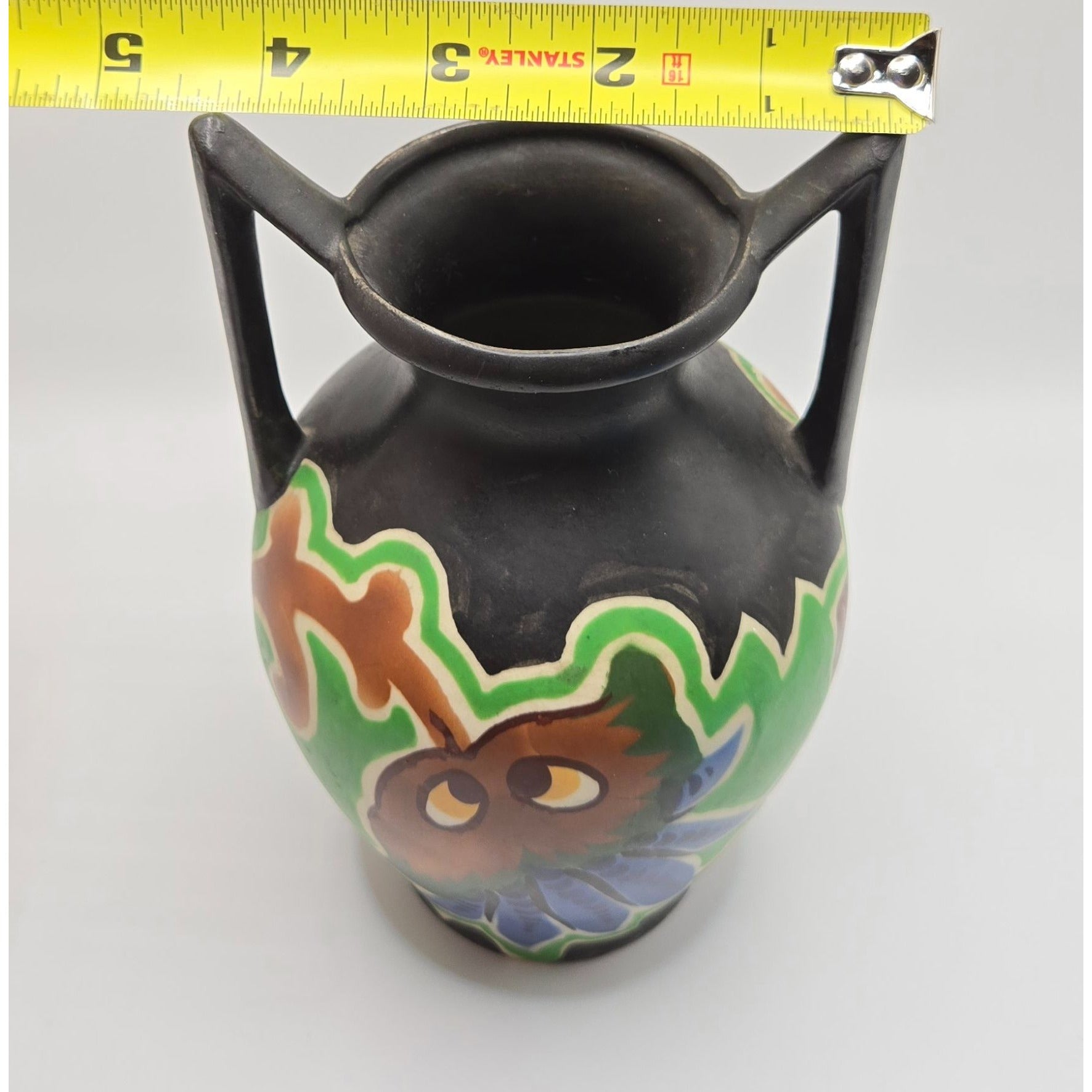 Hand-Painted Vintage Czech Black Vase, Double Handles & Green Florals