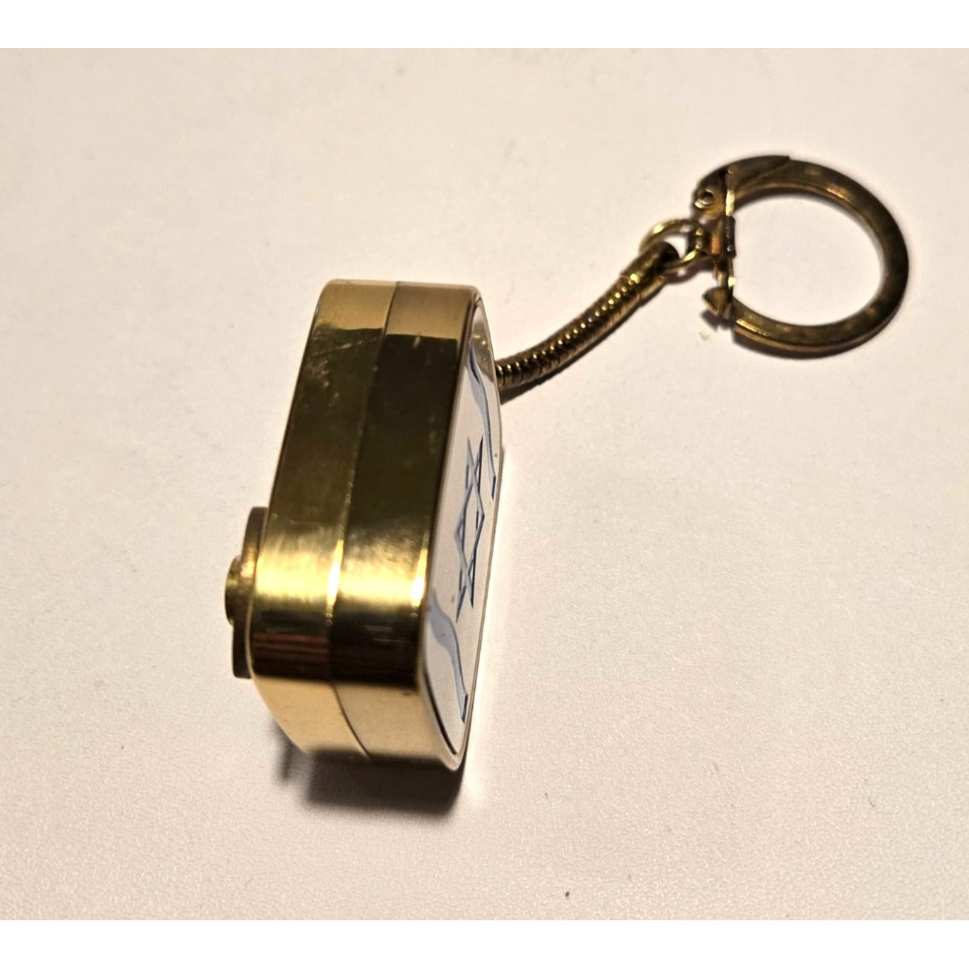 Vintage Brushed brass music box keychain, brand Clover, Jewish Star of David, plays Hava Nagila