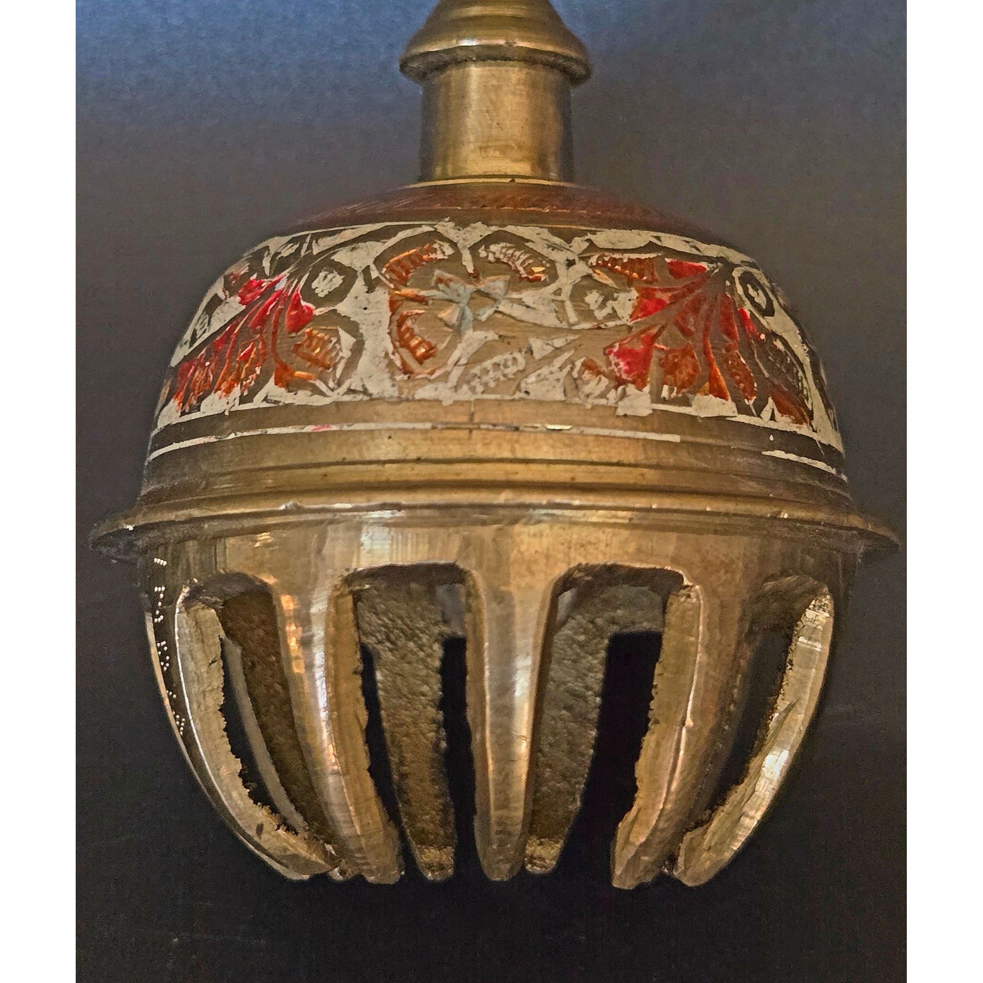 Vintage Indian Brass Claw Bell Hand Engraved Enamel Elephant Sarna Bell Handle