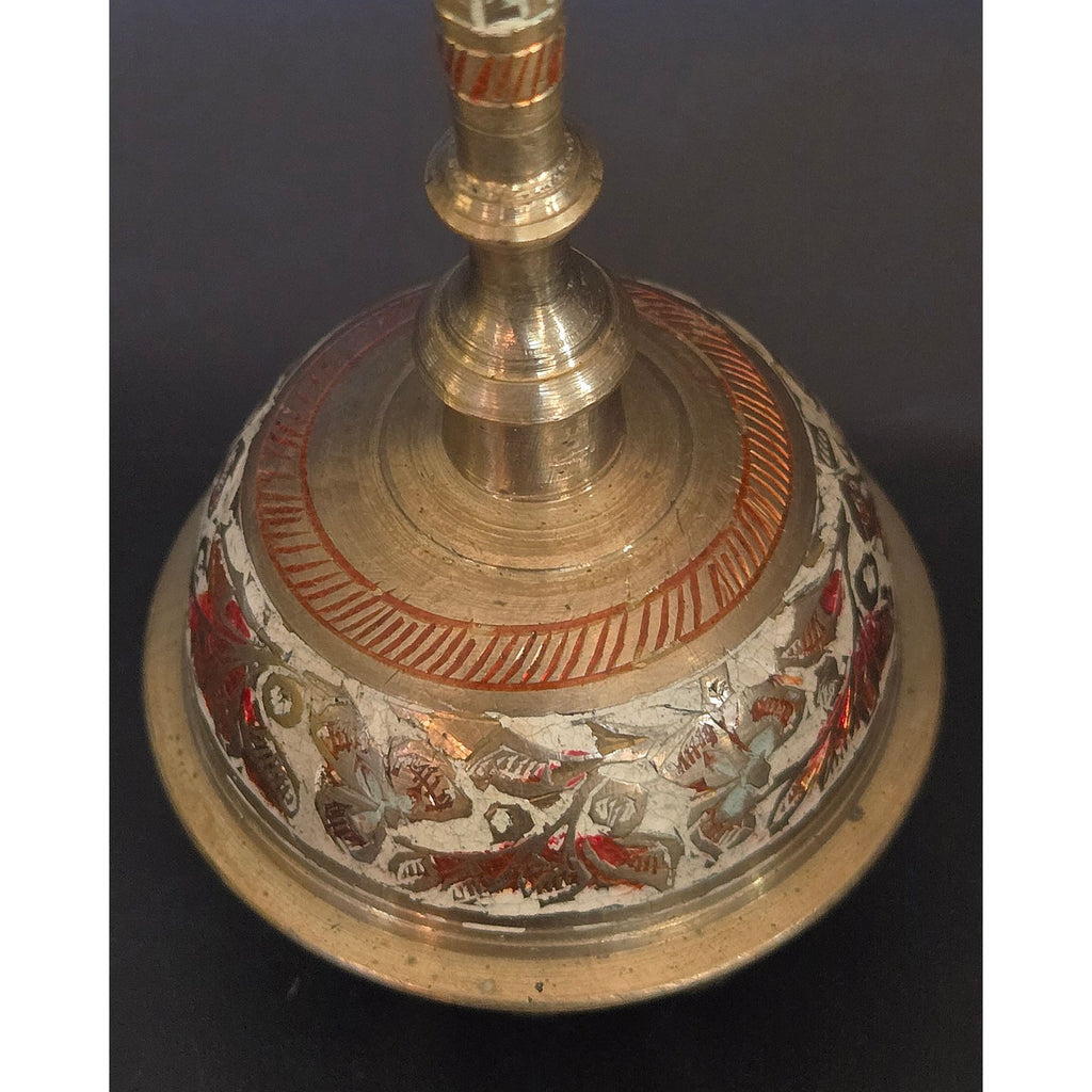 Vintage Indian Brass Claw Bell Hand Engraved Enamel Elephant Sarna Bell Handle