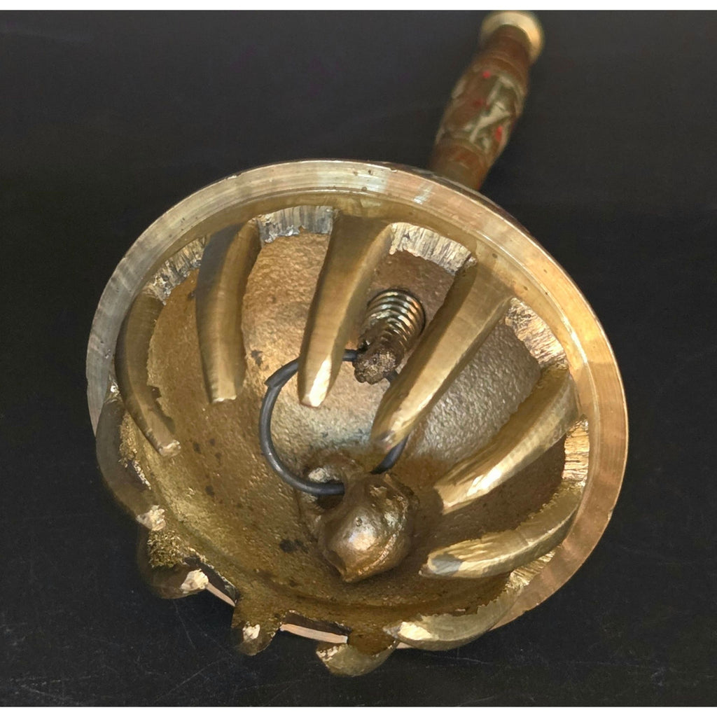 Vintage Indian Brass Claw Bell Hand Engraved Enamel Elephant Sarna Bell Handle