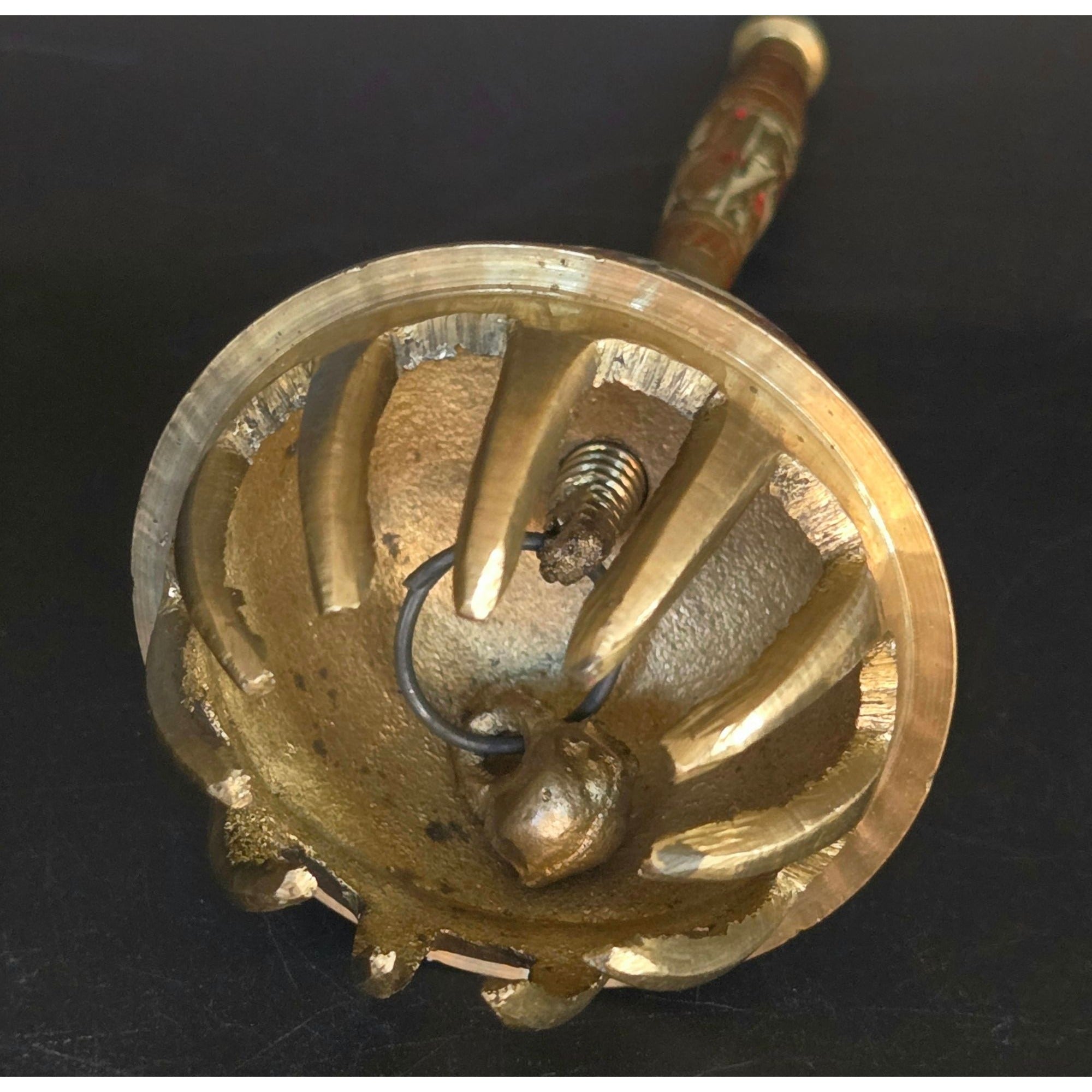 Vintage Indian Brass Claw Bell Hand Engraved Enamel Elephant Sarna Bell Handle