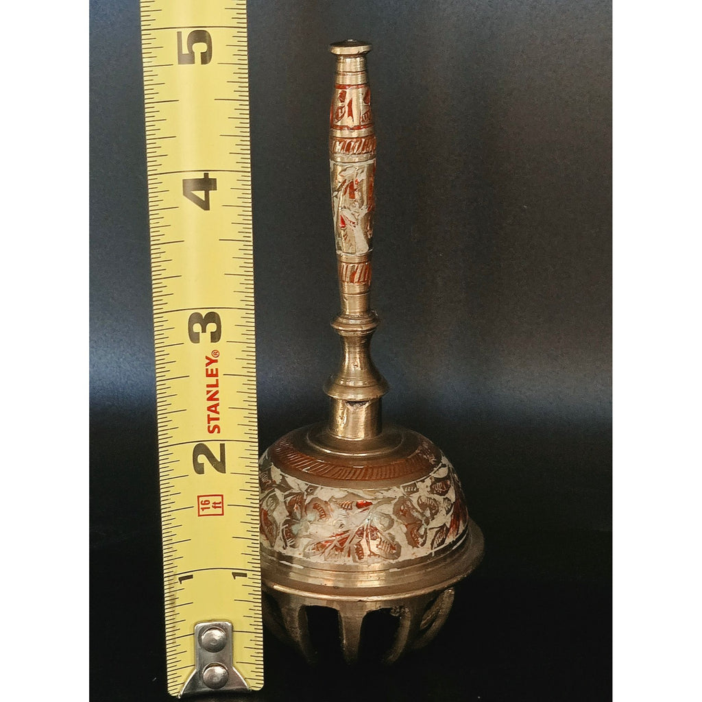 Vintage Indian Brass Claw Bell Hand Engraved Enamel Elephant Sarna Bell Handle