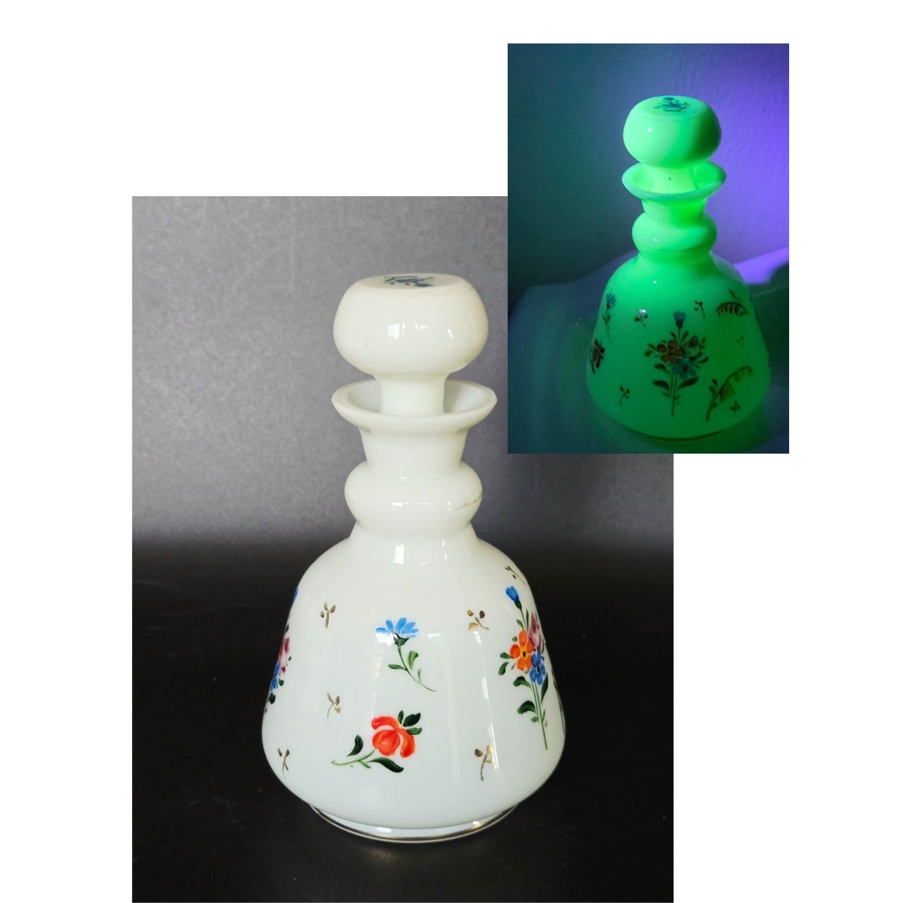 Czech Glass Uranium Glass Perfume Bottle W/ Floral Pattern Glows Under UV Light