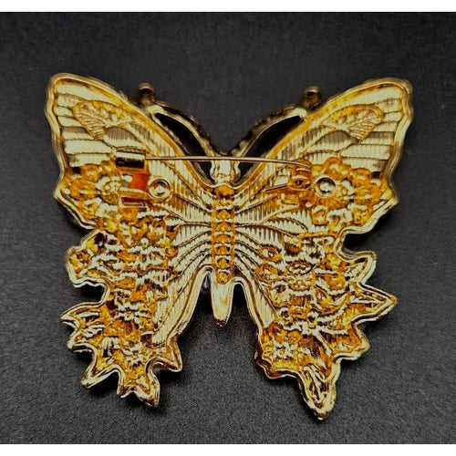 Flow Blue & White Floral Butterfly Brooch Pin With Gold-Tone Accents And Rhinestones 2.5"