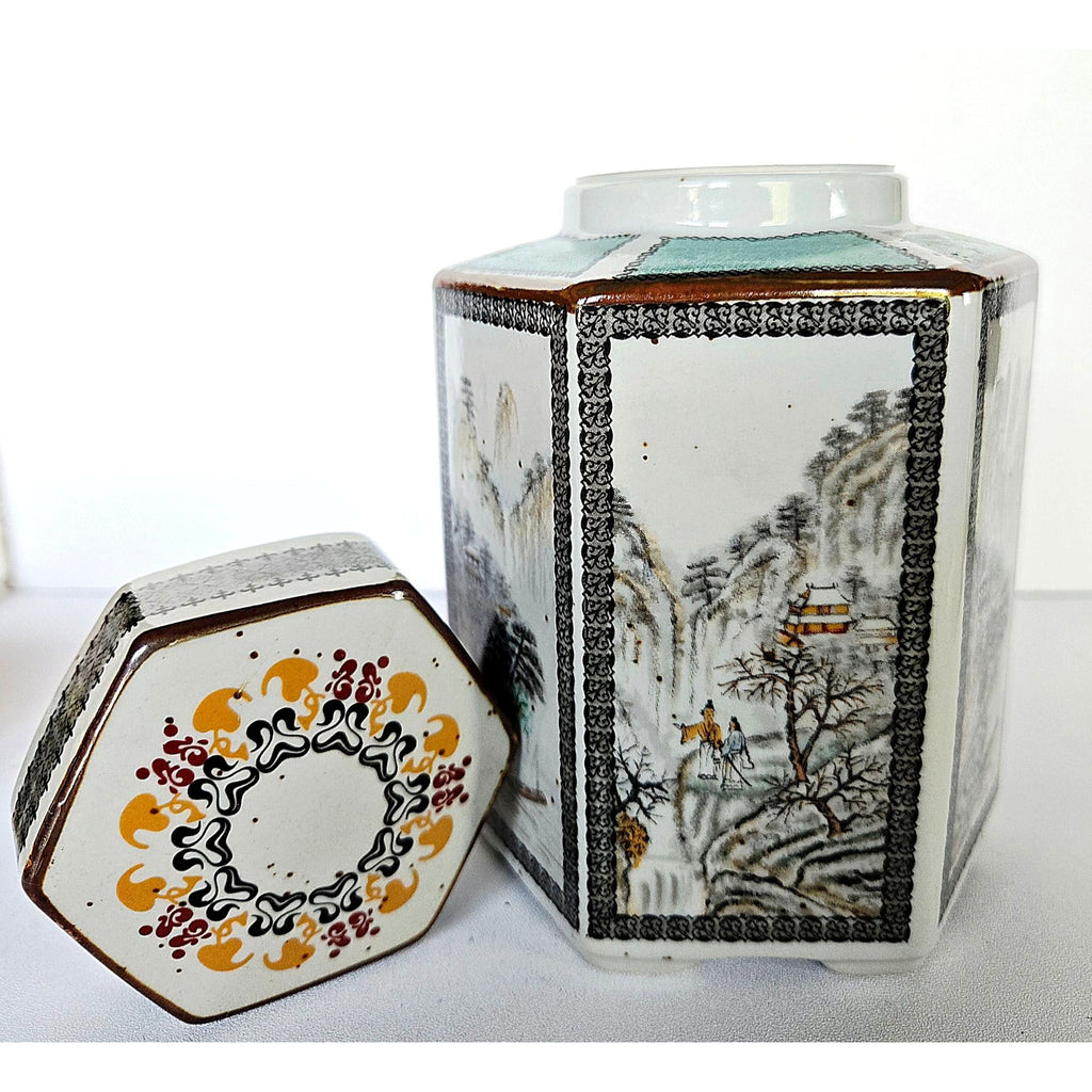 Gorgeous Vintage Tea Caddy Teal and white Scenic Paneled on speckled porcelain. 5.5" x 4"
