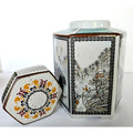 Gorgeous Vintage Tea Caddy Teal and white Scenic Paneled on speckled porcelain. 5.5" x 4"