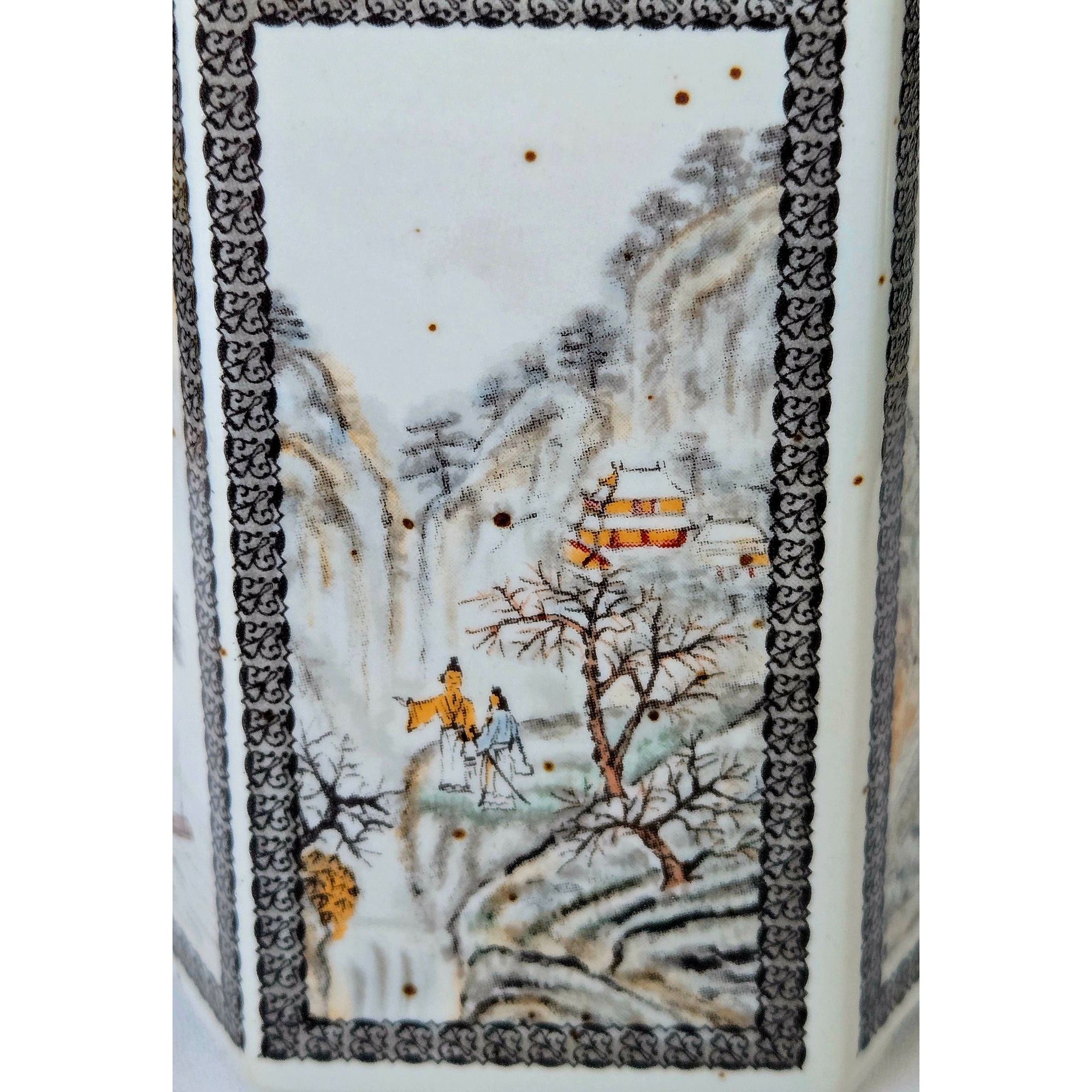Gorgeous Vintage Tea Caddy Teal and white Scenic Paneled on speckled porcelain. 5.5" x 4"
