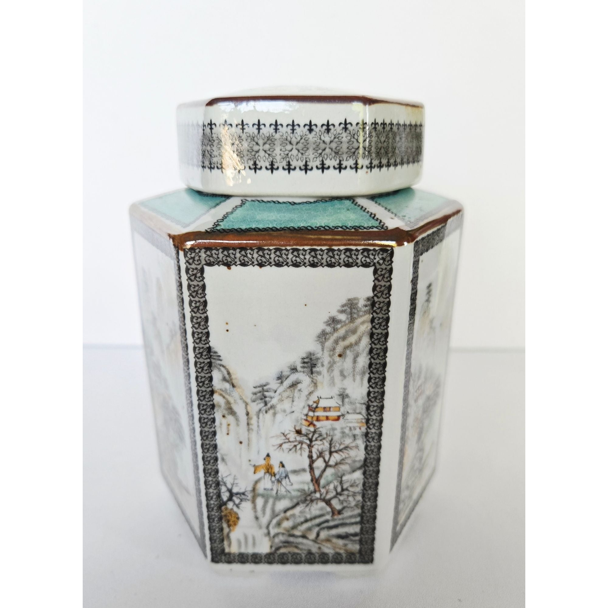 Gorgeous Vintage Tea Caddy Teal and white Scenic Paneled on speckled porcelain. 5.5" x 4"