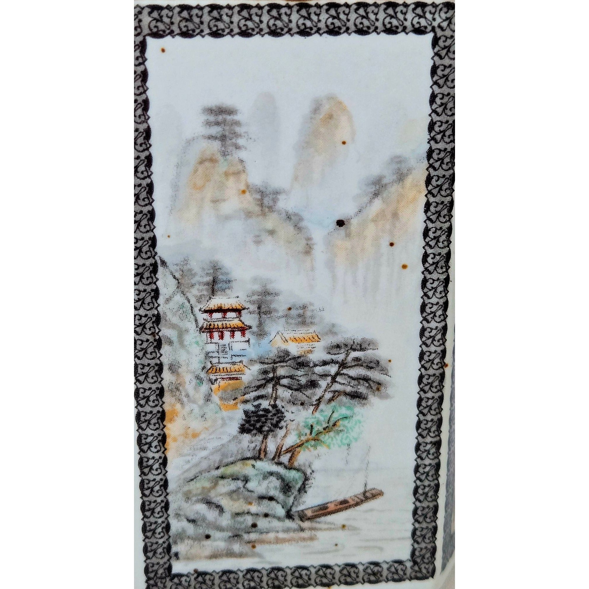 Gorgeous Vintage Tea Caddy Teal and white Scenic Paneled on speckled porcelain. 5.5" x 4"