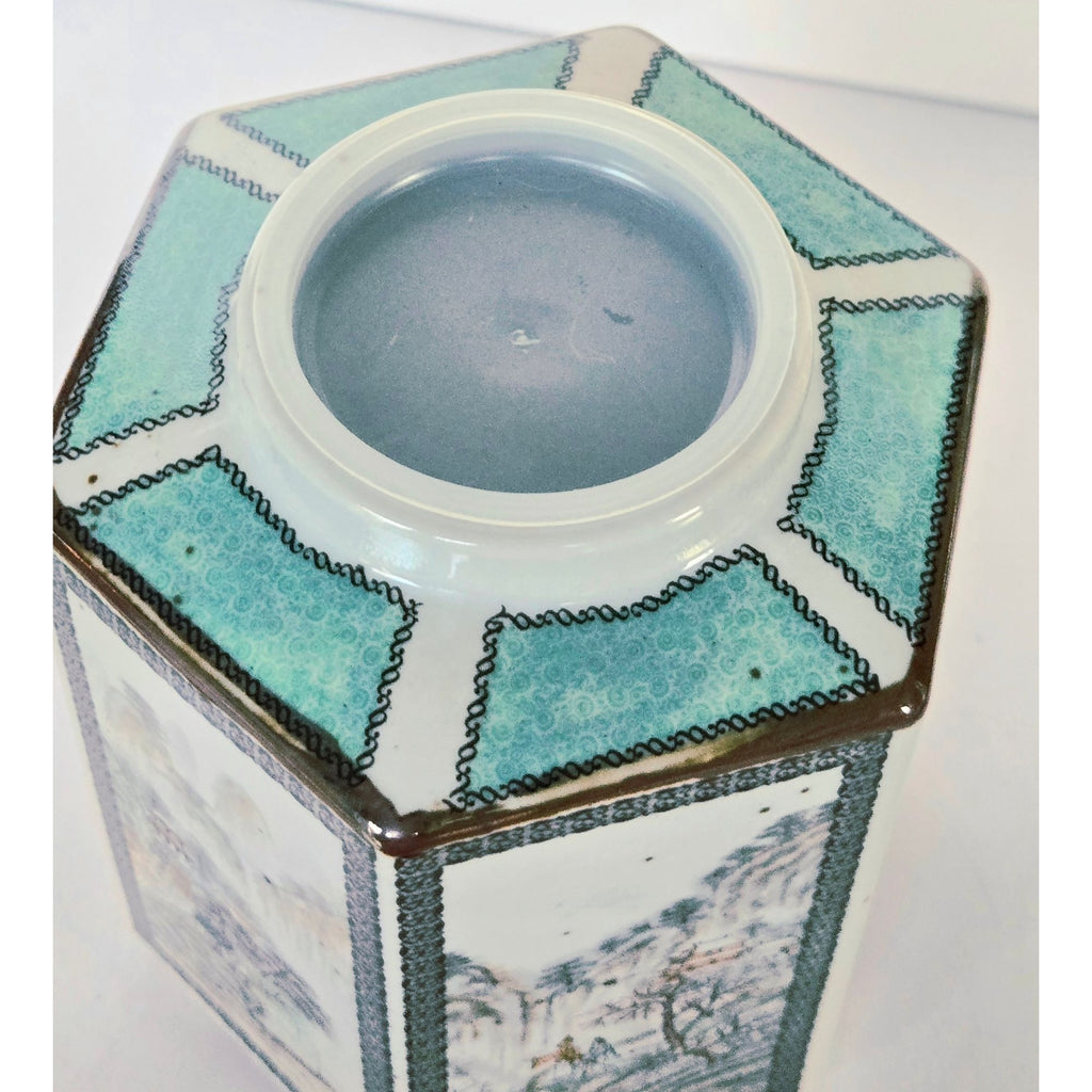 Gorgeous Vintage Tea Caddy Teal and white Scenic Paneled on speckled porcelain. 5.5" x 4"