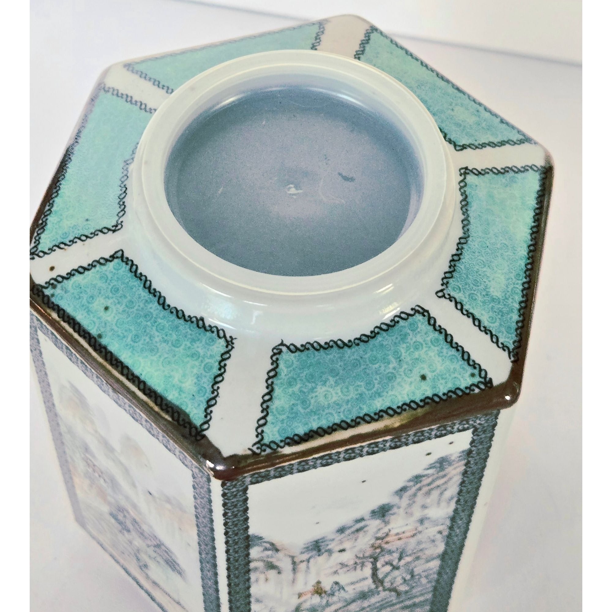 Gorgeous Vintage Tea Caddy Teal and white Scenic Paneled on speckled porcelain. 5.5" x 4"