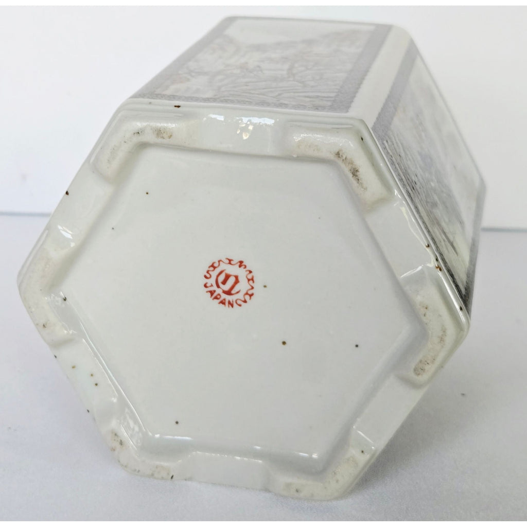 Gorgeous Vintage Tea Caddy Teal and white Scenic Paneled on speckled porcelain. 5.5" x 4"