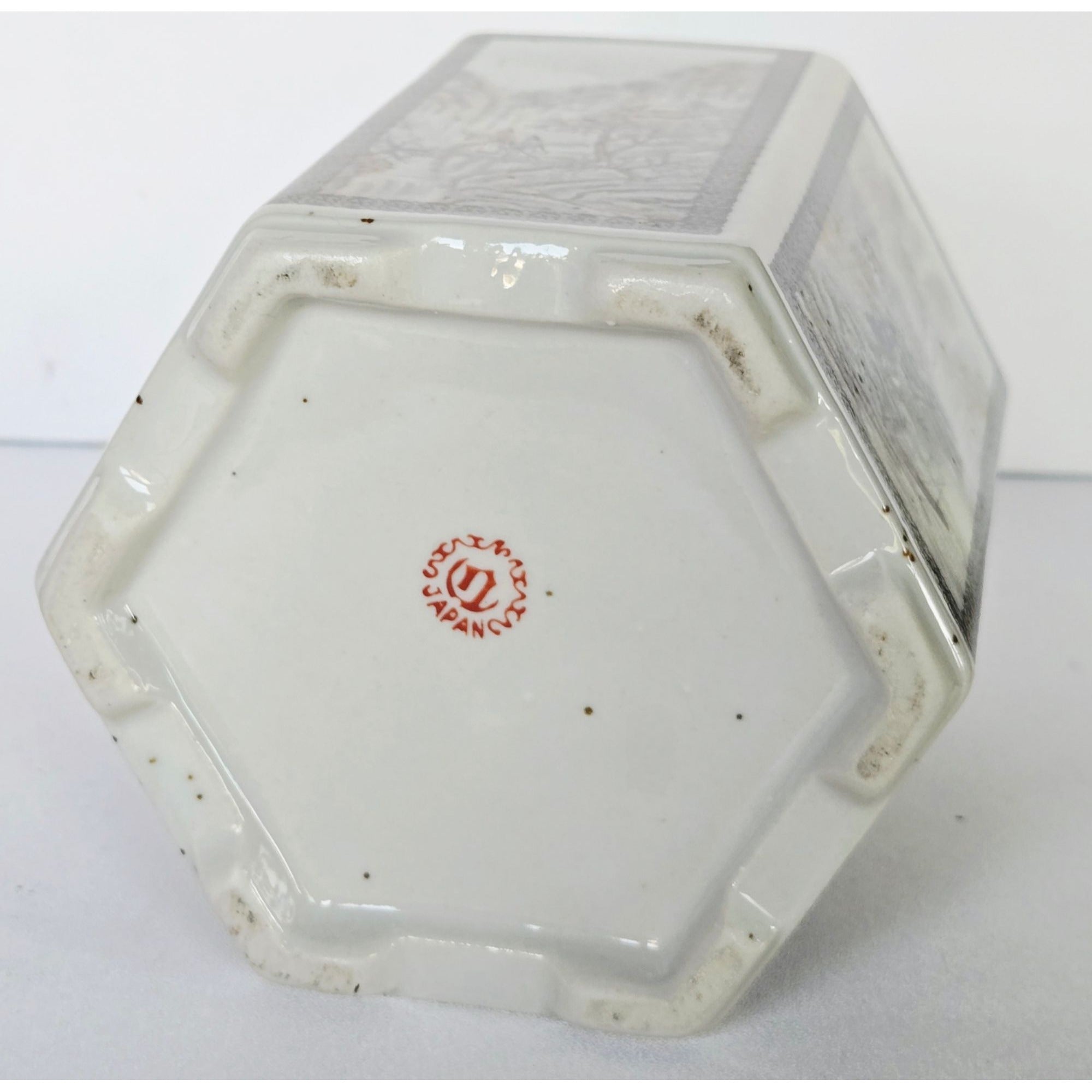 Gorgeous Vintage Tea Caddy Teal and white Scenic Paneled on speckled porcelain. 5.5" x 4"