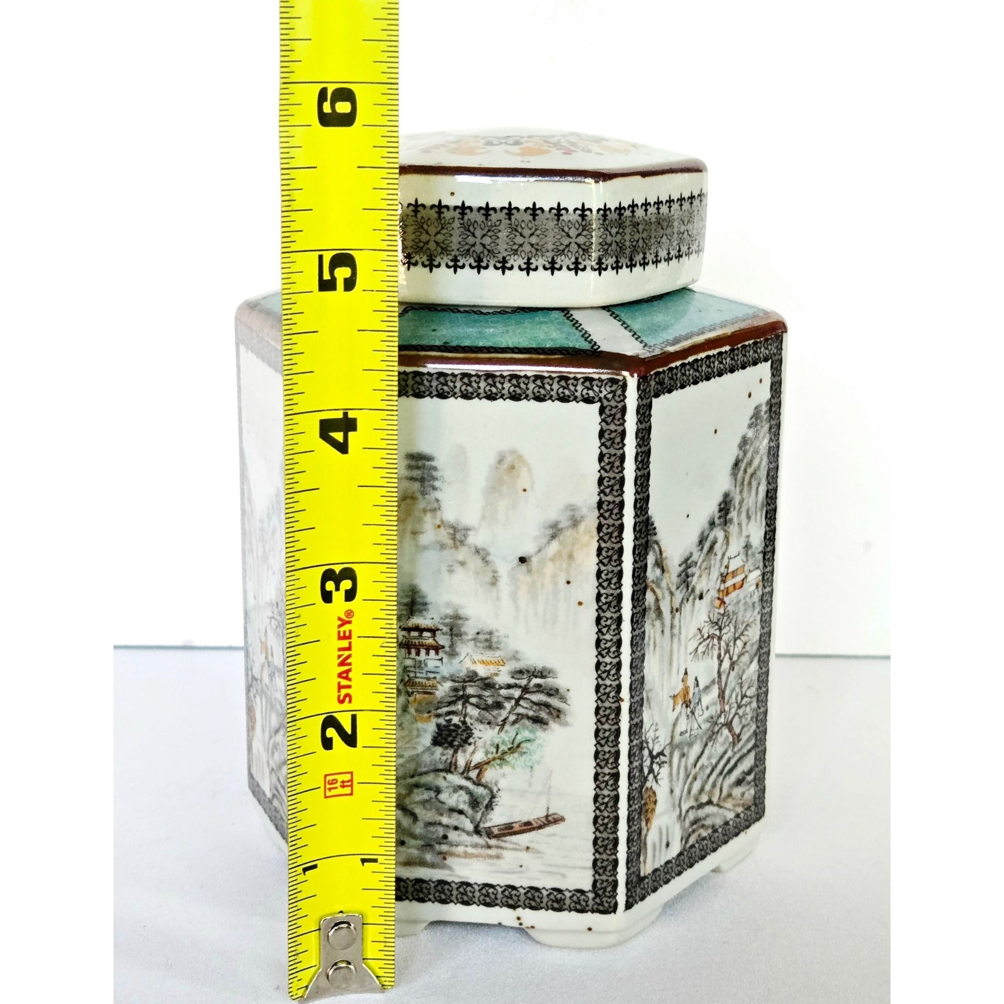 Gorgeous Vintage Tea Caddy Teal and white Scenic Paneled on speckled porcelain. 5.5" x 4"