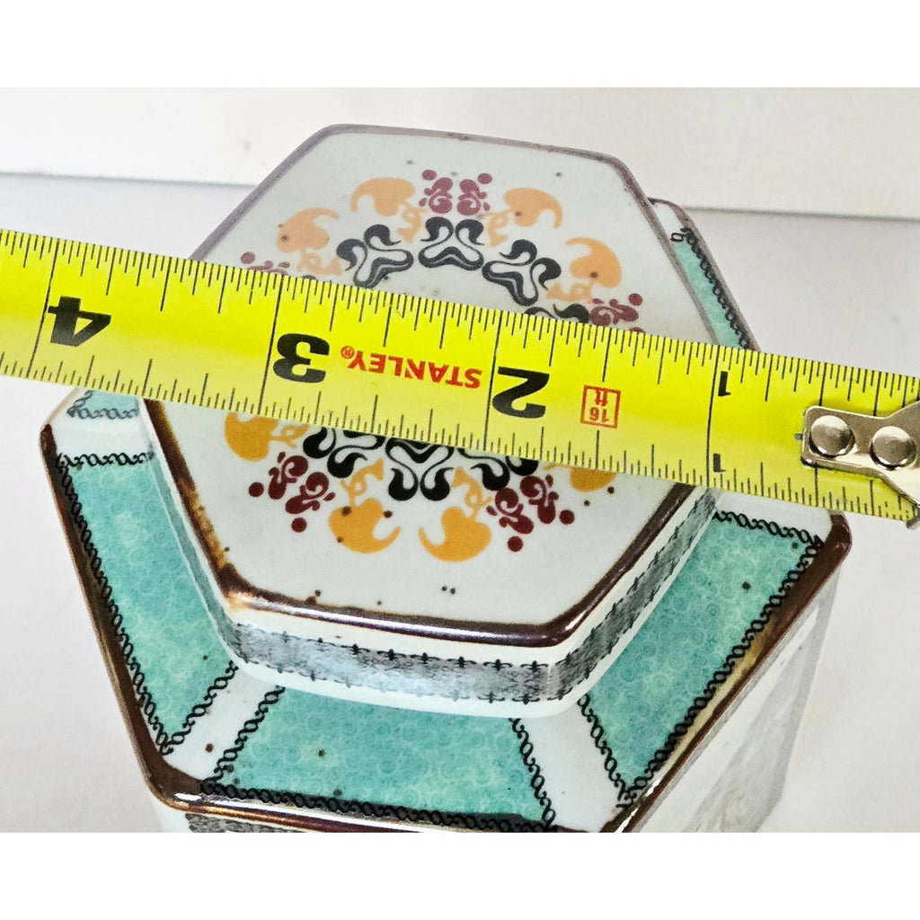 Gorgeous Vintage Tea Caddy Teal and white Scenic Paneled on speckled porcelain. 5.5" x 4"