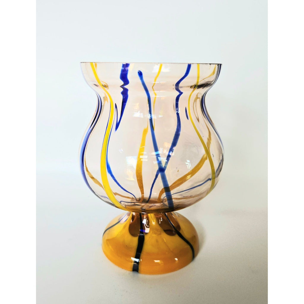 Handblown Kralik Multicolor Glass Vase With Yellow & Blue Swirl Design 6 Inches Tall