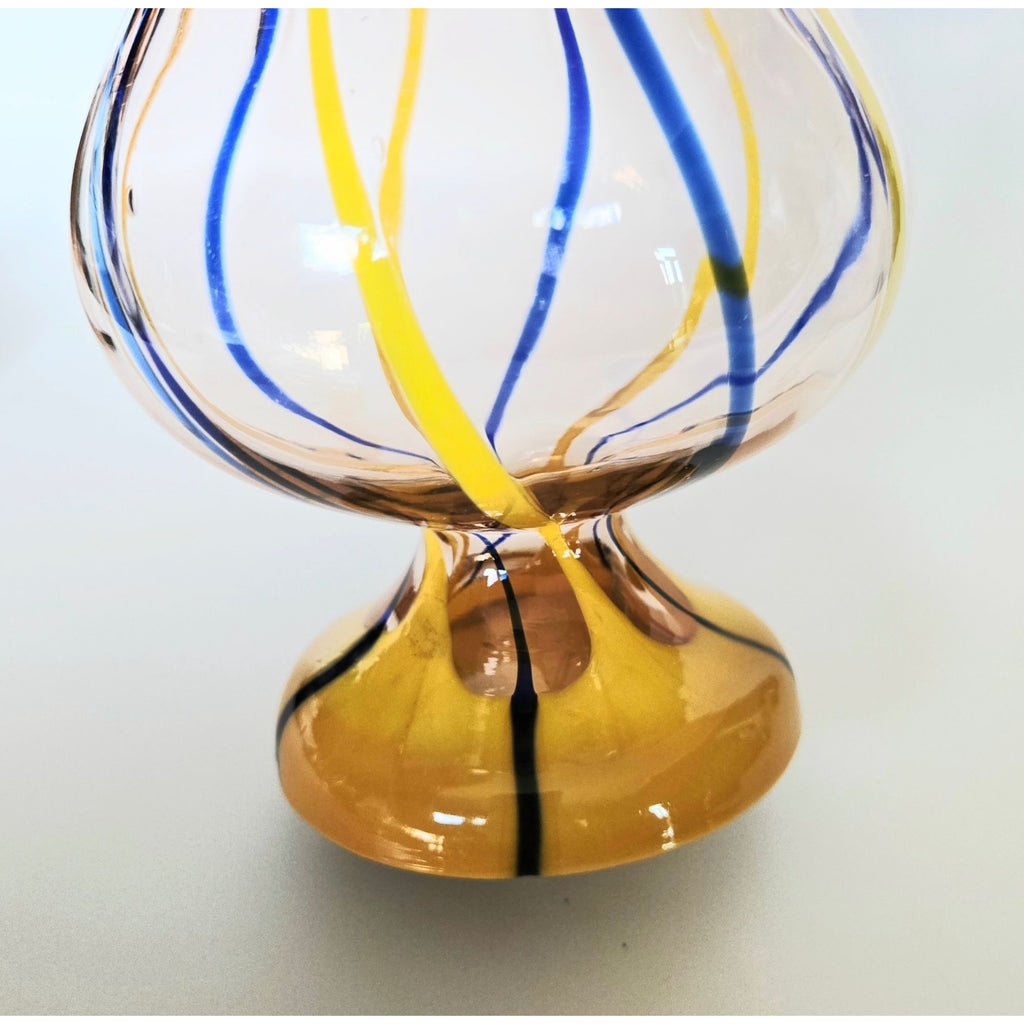 Handblown Kralik Multicolor Glass Vase With Yellow & Blue Swirl Design 6 Inches Tall