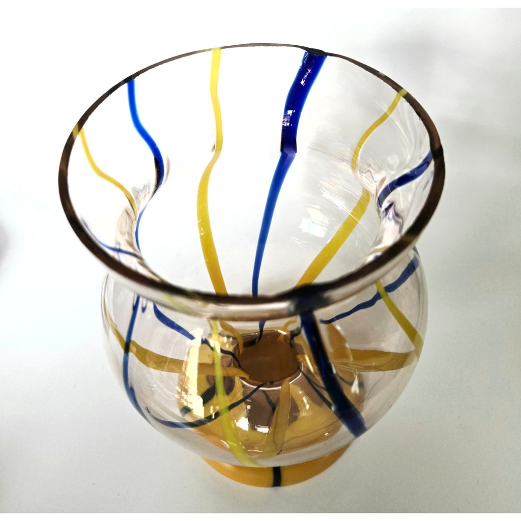 Handblown Kralik Multicolor Glass Vase With Yellow & Blue Swirl Design 6 Inches Tall