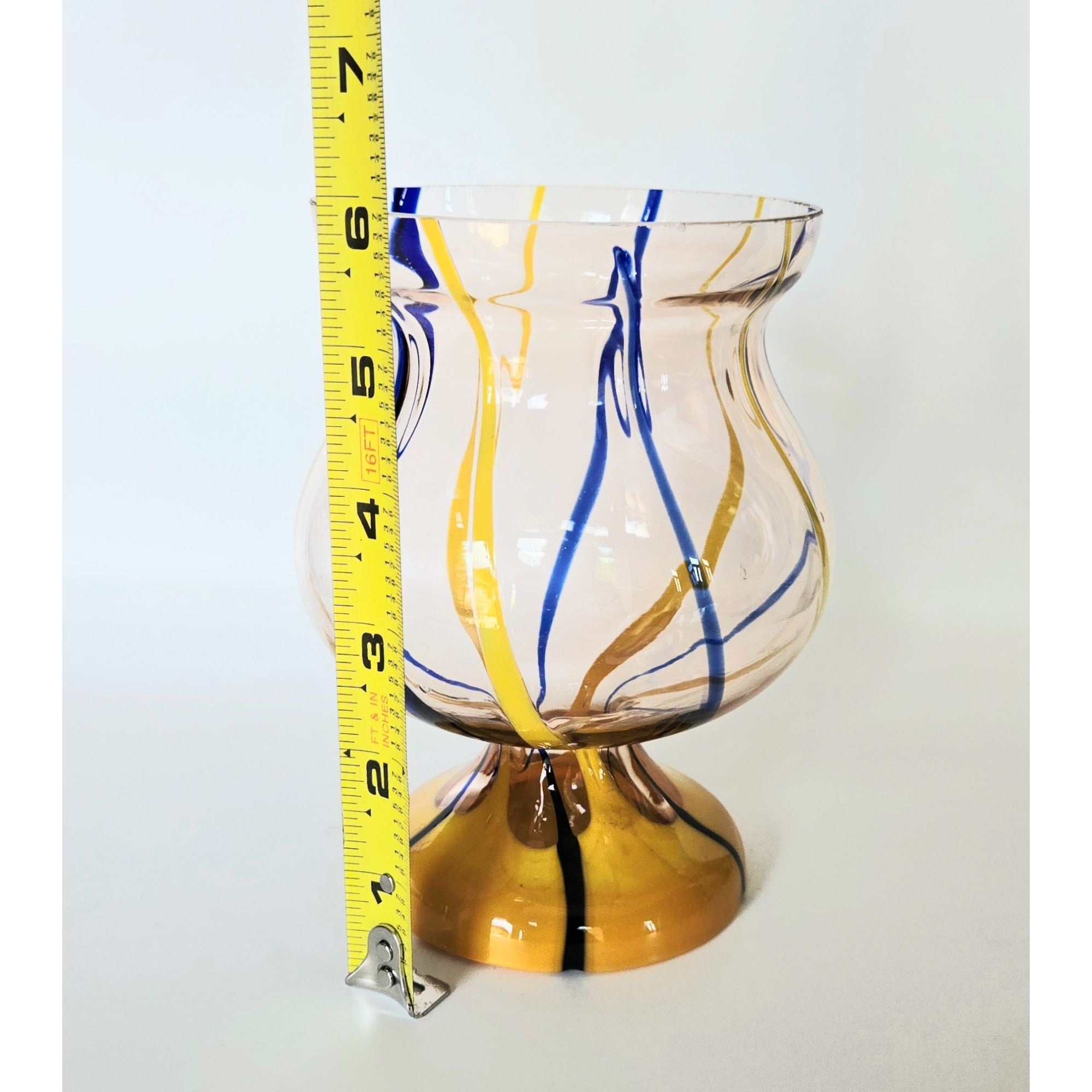 Handblown Kralik Multicolor Glass Vase With Yellow & Blue Swirl Design 6 Inches Tall